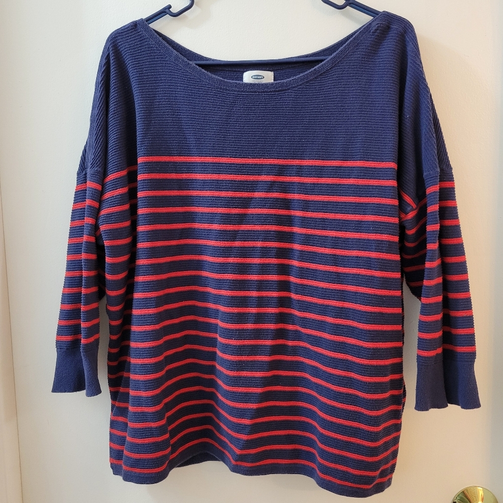 XXL Old Navy 3/4 sleeve shirt navy blue red stripes casual blouse wide neckline
